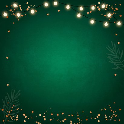 Kerstkaart groen foto lampjes confetti koperlook Achterkant