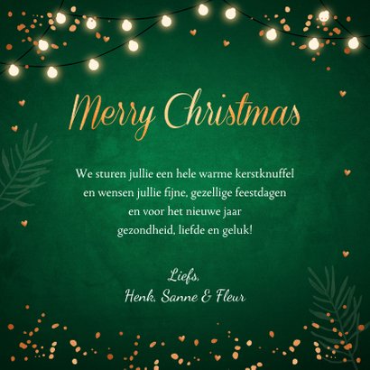 Kerstkaart groen fotocollage confetti koperlook 3