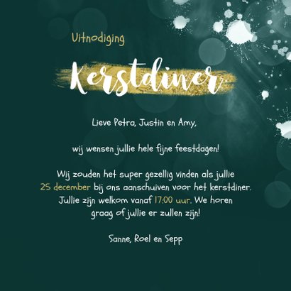 Kerstkaart groen goud spetters sterren kerstdiner 3