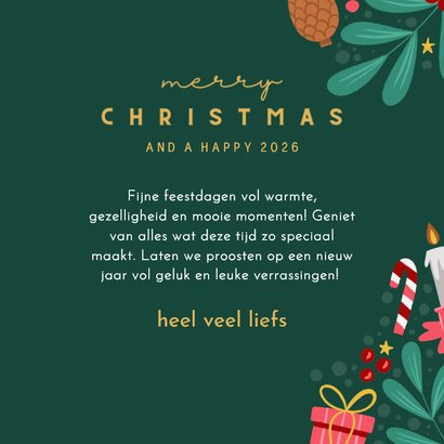 Kerstkaart groen met felle ornamenten vierkant 3
