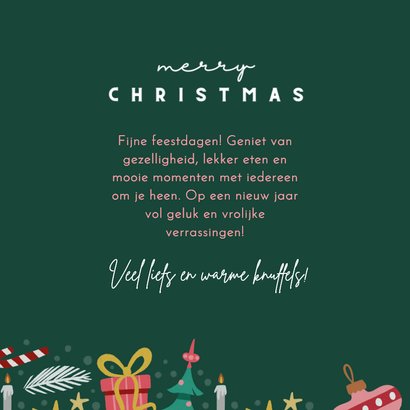 Kerstkaart groen met vrolijke ornamenten vierkant 3