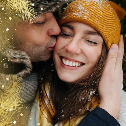 Kerstkaart grote foto gouden dennenkader 2