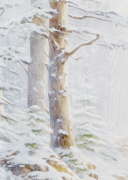 Kerstkaart hert in een besneeuwd bos Achterkant