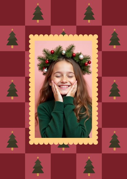 Kerstkaart ho ho ho blokjespatroon met kerstbomen 2