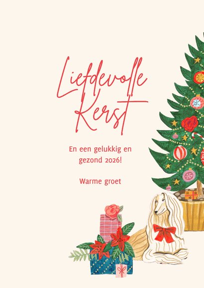Kerstkaart honden gezellig in de woonkamer bij de kerstboom 3