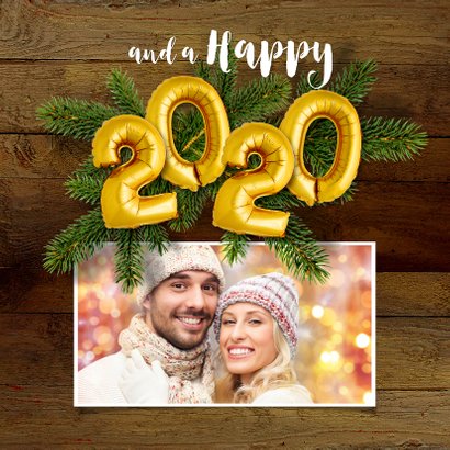 Kerstkaart hout en ballonnen goud XMAS 2020 2