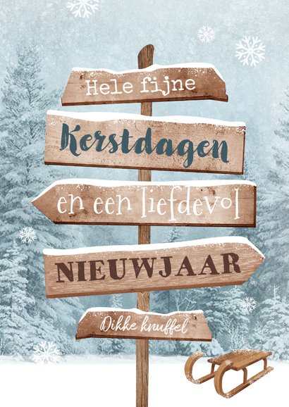 Kerstkaart Houten Wegwijzers Winter Landschap | Kaartje2go