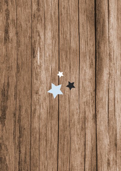 Kerstkaart houtlook typografie foto sterren stempel hout Achterkant
