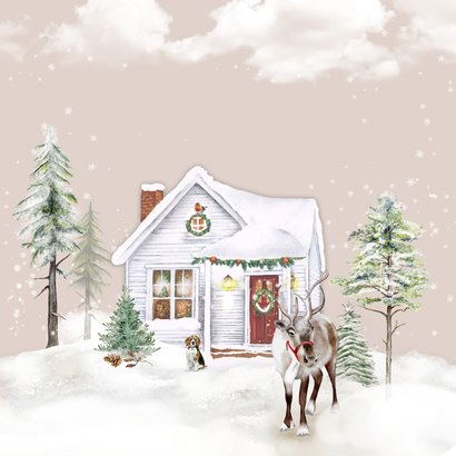 Kerstkaart huisje in winterlandschap met rendier 2