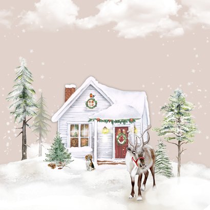 Kerstkaart huisje in winterlandschap met rendier 2