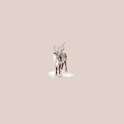Kerstkaart huisje in winterlandschap met rendier Achterkant