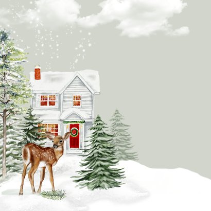 Kerstkaart huisje winterlandschap met hertje en eekhoorn 2