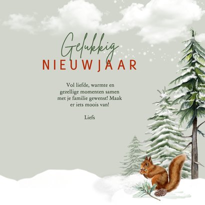 Kerstkaart huisje winterlandschap met hertje en eekhoorn 3