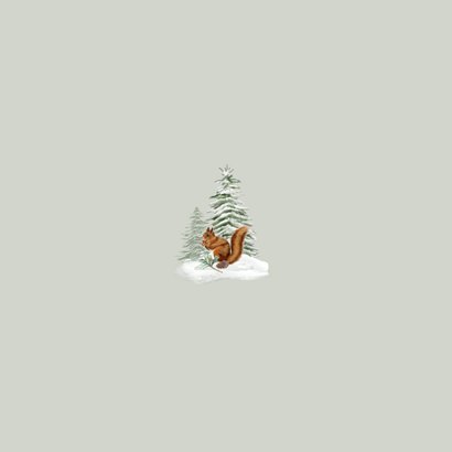 Kerstkaart huisje winterlandschap met hertje en eekhoorn Achterkant