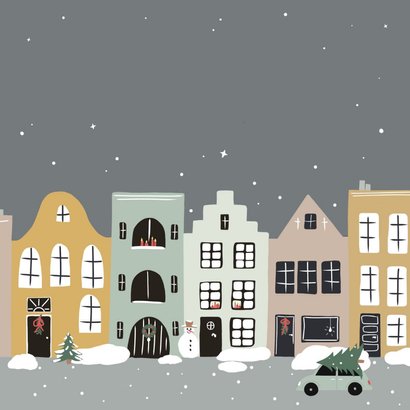 Kerstkaart huizen in wintersfeer Achterkant