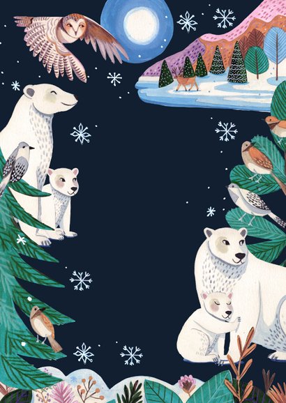 Kerstkaart ijsberen bij maanlicht op de noordpool Achterkant