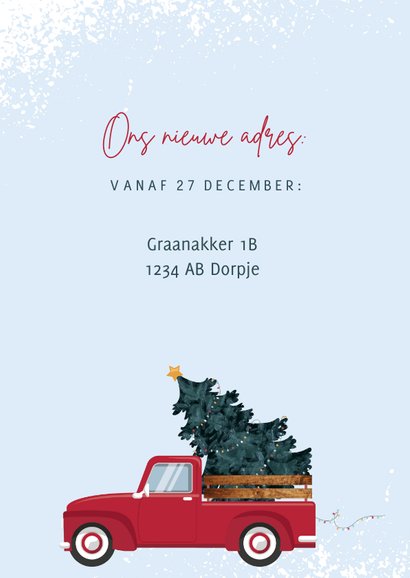 Kerstkaart illustratie van rode pickup en drie foto's 2