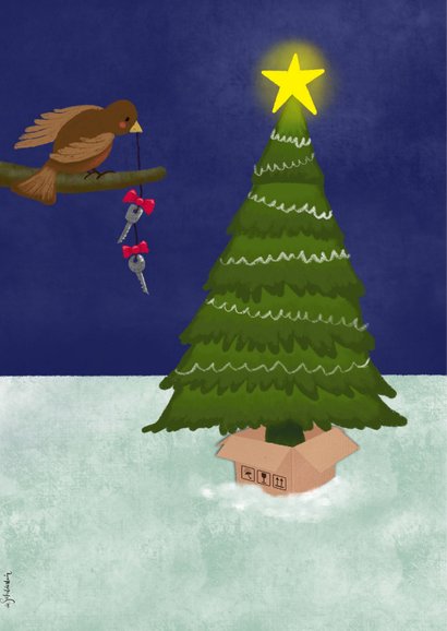 Kerstkaart illustratie verhuisdozen bij kerstboom avond 2