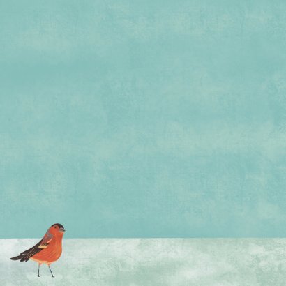 Kerstkaart illustratie vogeltje in sneeuw Achterkant