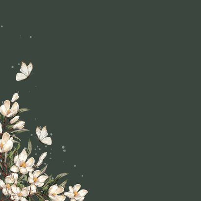 Kerstkaart in groen met kerstkrans en vlinders Achterkant