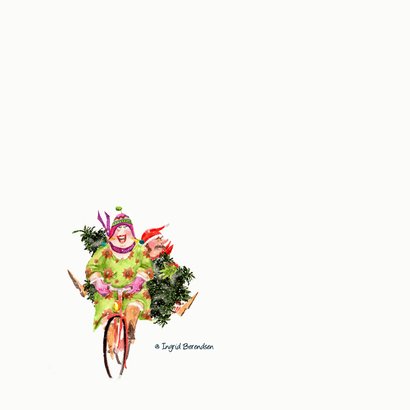 Kerstkaart in het bos met boom op fiets 2