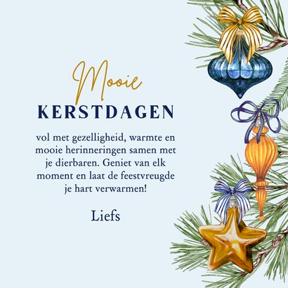 Kerstkaart kerstballen aan dennentakken 3