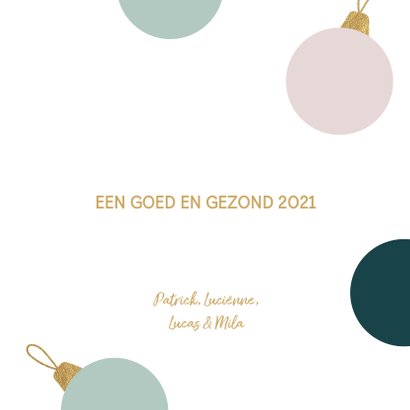 Kerstkaart kerstballen talen goud pastel 3