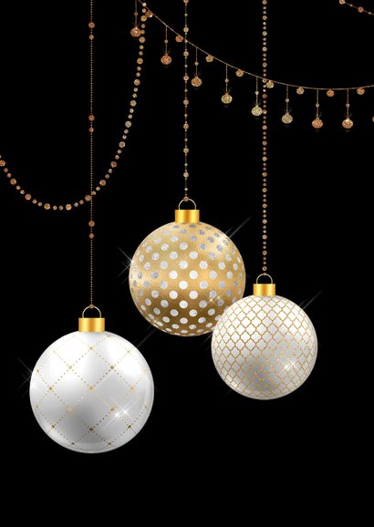 Kerstkaart kerstballen wit met goud 2
