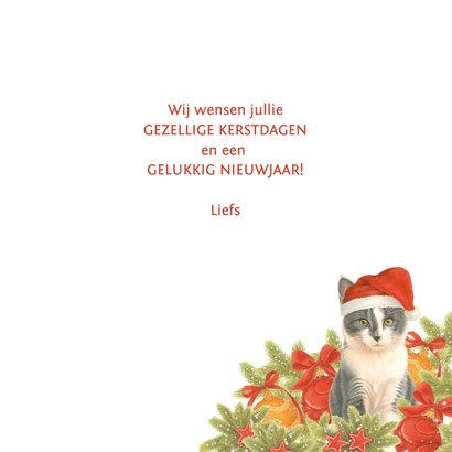 Kerstkaart Kerstkitten met kerstmuts en kerstballen 3