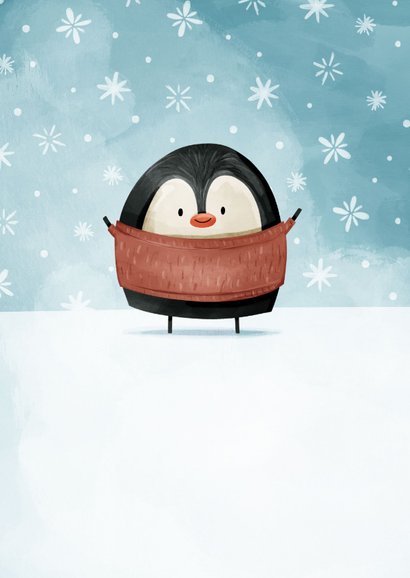Kerstkaart kerstknuffel pinguïn met sneeuw 2