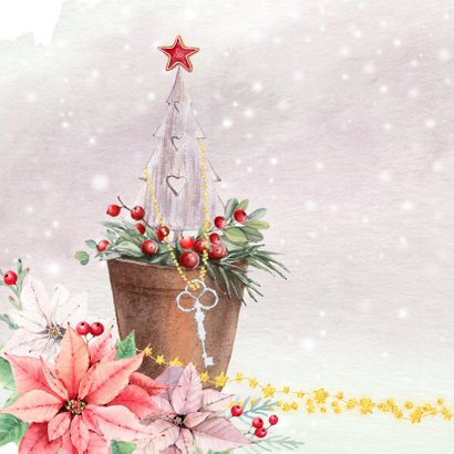 Kerstkaart kerstkrans met sleutel en kerstgroen 2