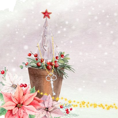 Kerstkaart kerstkrans met sleutel en kerstgroen 2