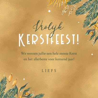 Kerstkaart kerstkus goud sterren takjes 3