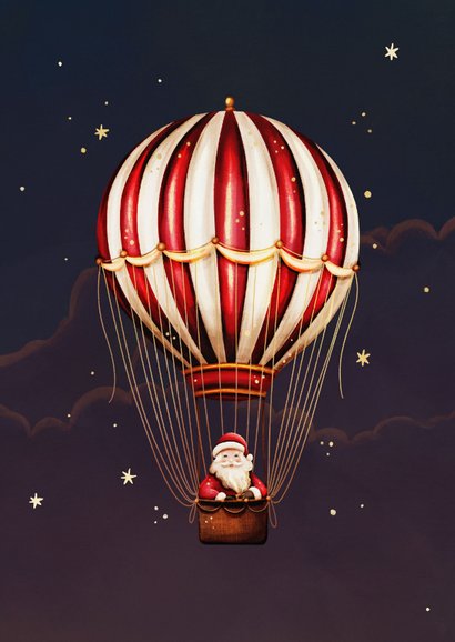 Kerstkaart kerstman in een luchtballon met sterren 2