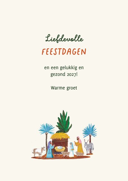 Kerstkaart kerststal met kindje Jezus en kerkje 3