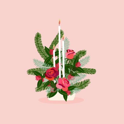 Kerstkaart kerststukje met bloemen en kaars 2