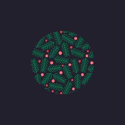 Kerstkaart kersttakken met rode ballen blauw vierkant Achterkant