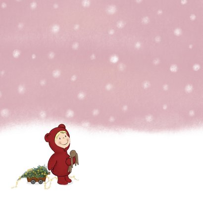 Kerstkaart kindje en sneeuwpop met kerstlichtjes 2