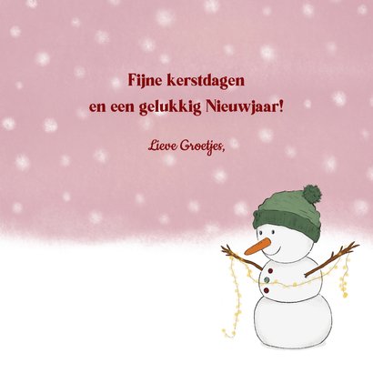 Kerstkaart kindje en sneeuwpop met kerstlichtjes 3