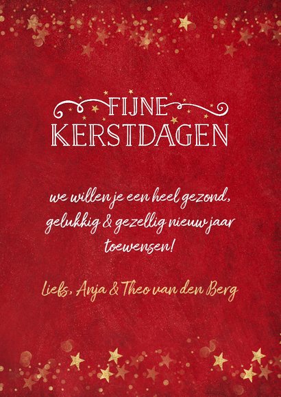 Kerstkaart klassiek rood met gouden sterren en eigen foto's 3