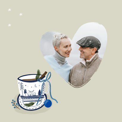 Kerstkaart kopje delfts blauw hertjes strik kerstbal 2