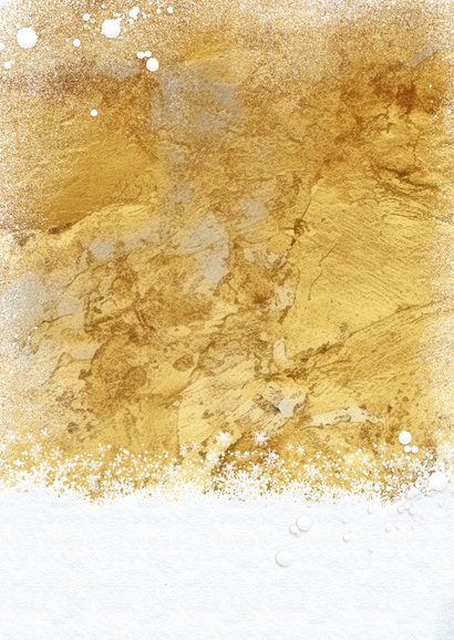 Kerstkaart label 2027 op goud en sneeuw Achterkant