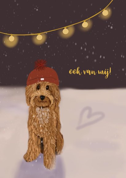 Kerstkaart labradoodle met slee 2