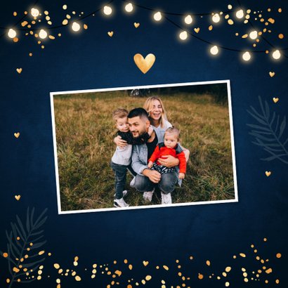 Kerstkaart lampjes confetti typografie donkerblauw 2