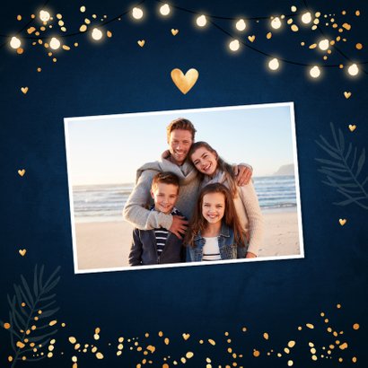 Kerstkaart lampjes confetti typografie donkerblauw 2
