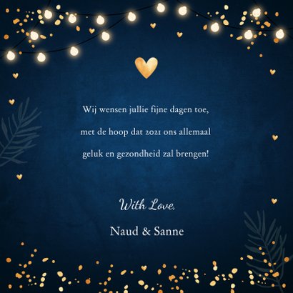 Kerstkaart lampjes confetti typografie donkerblauw 3