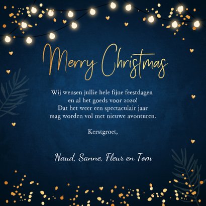 Kerstkaart lampjes confetti typografie donkerblauw 3