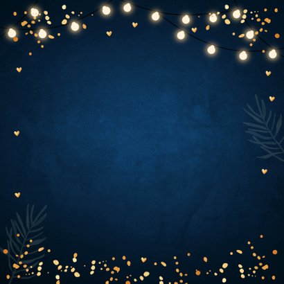 Kerstkaart lampjes confetti typografie donkerblauw Achterkant