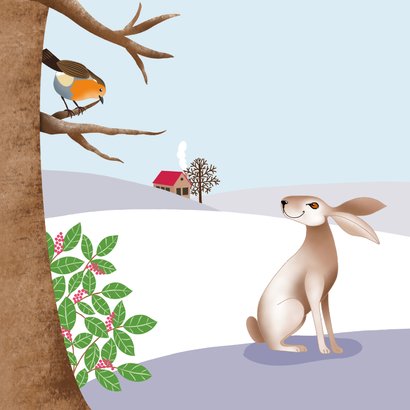 Kerstkaart - Landschap met haas en roodborstje 2