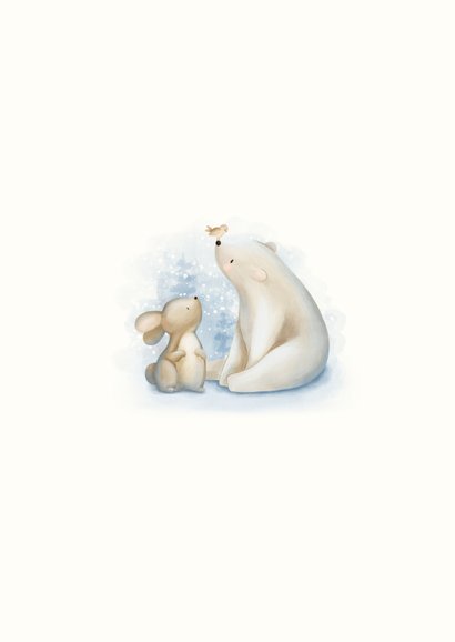Kerstkaart licht en liefde met een konijn ijsbeer en vogel 2